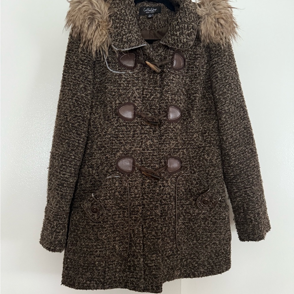 Gallery Textured Brown Pea Coat with Faux Fur Hood